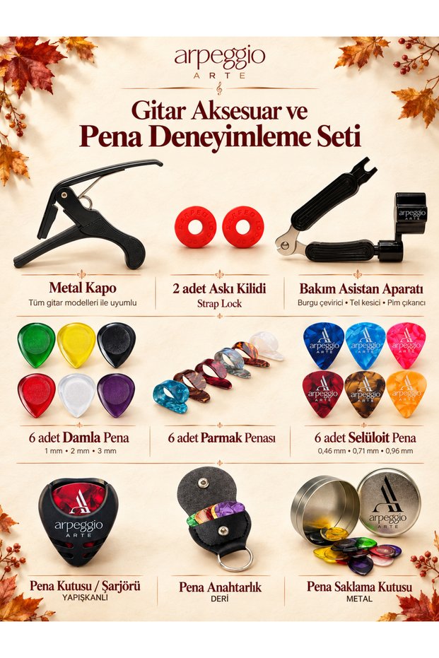 Guitar Accessories and Pick Set – Capo, Tuner, Pick Keychain, Strap Lock