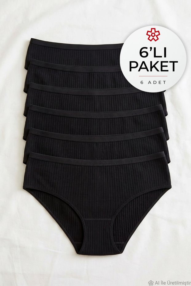 Ribana Striped Ribbed Women's Bato High Waist Panties Black 100% Cotton Pack of 6