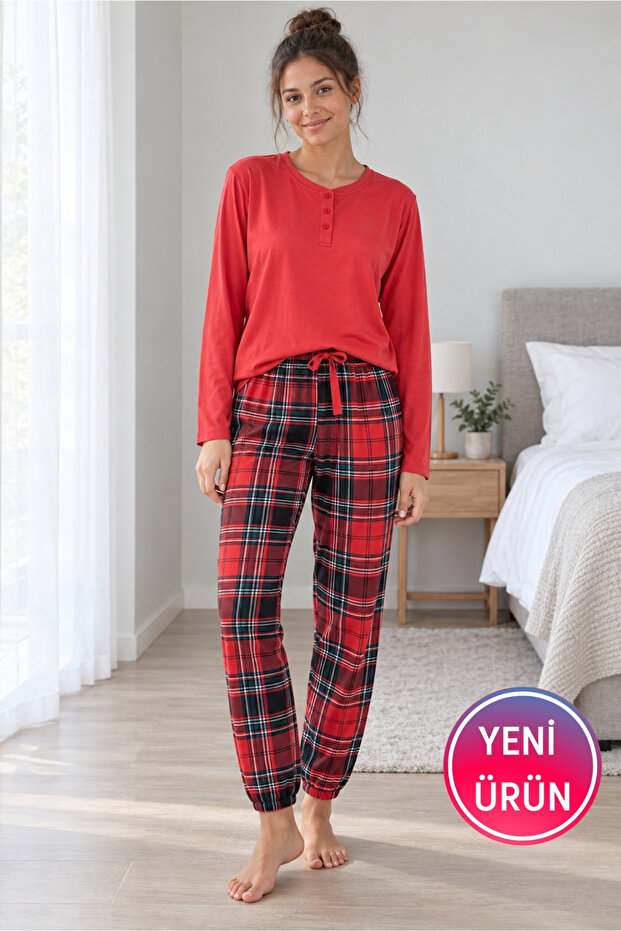 Women's Red Long Sleeve Pajama Set – Button Crew Neck, Elastic Leg Plaid Bottom