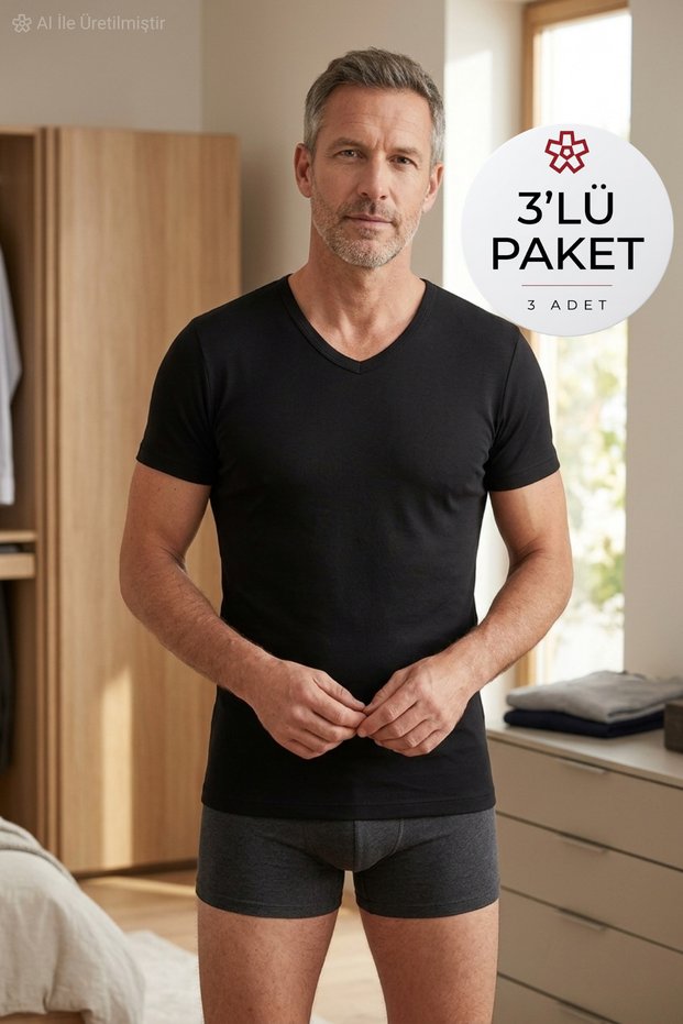 Super Slim V-Neck Short Sleeve Men's Undershirt Black 3-Pack