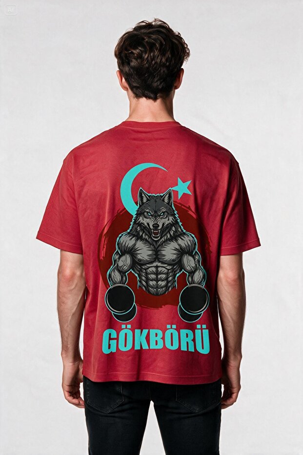 Oversized Sky Wolf Moon Starry Wolf Printed Gym Fitness T-Shirt - Large Print - Wide Cut