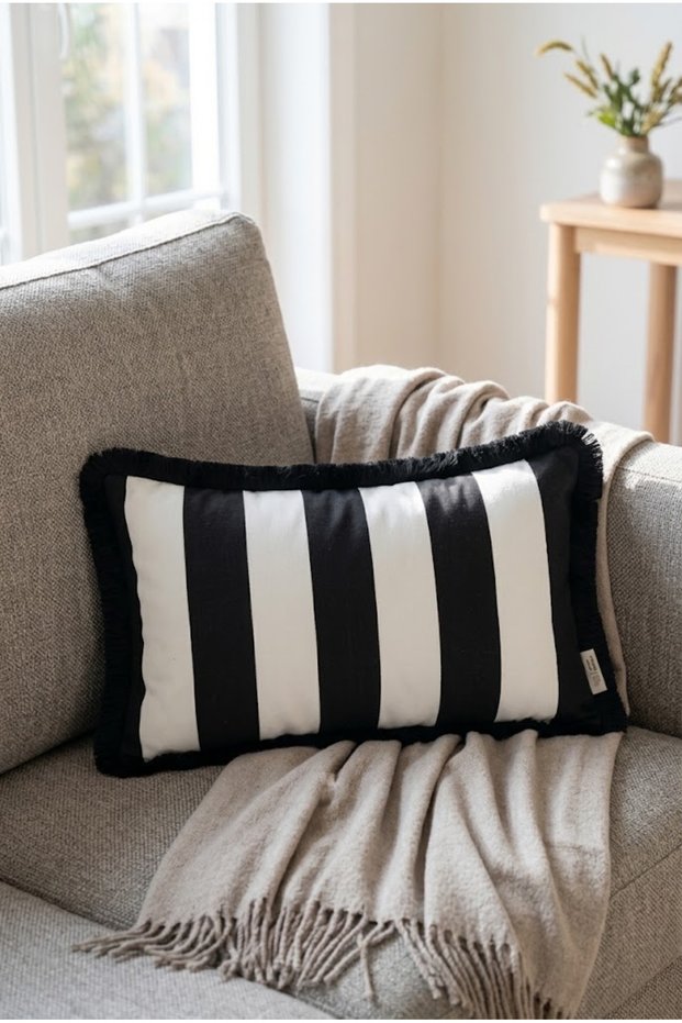 Black Tassels, Black-White Stripe Pattern, Decorative 30X50 cm Rectangular Throw Pillow Cover