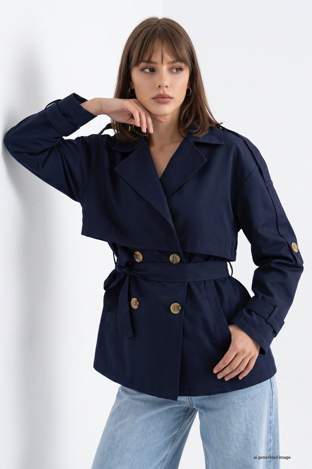 Apolet Detailed Lined Navy Blue Short Trench Coat