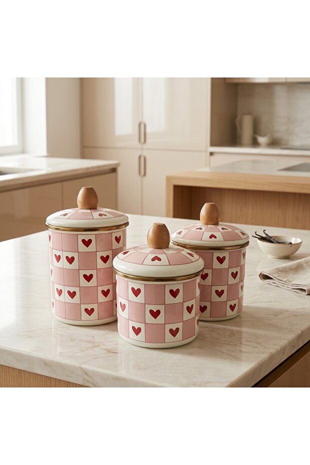 Enamel 3-Piece Spice Jar Set (13, 15, 17 cm) – Love Series, with Wooden Lid