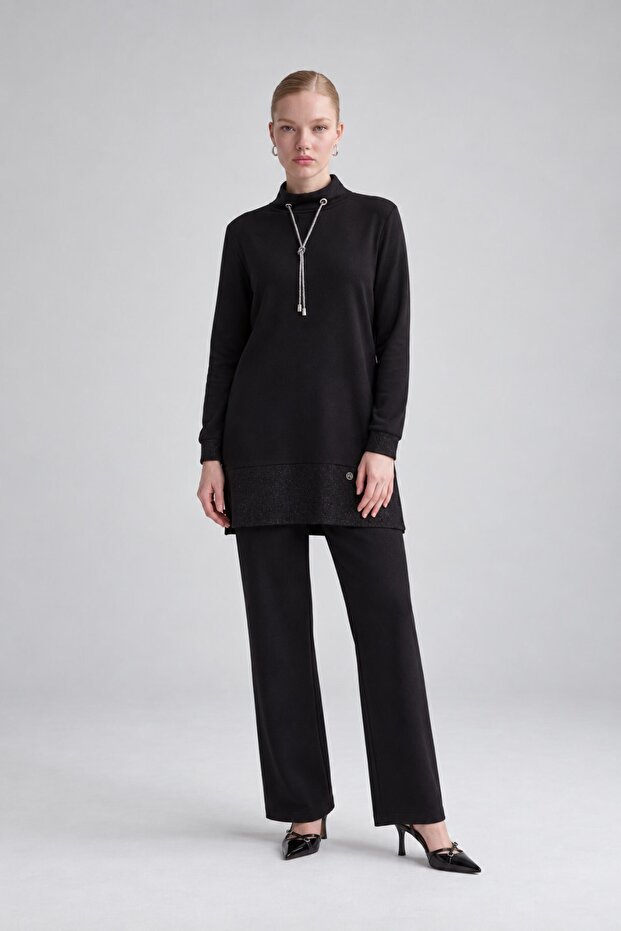 Silvery Cashmere Fabric Double Set Black