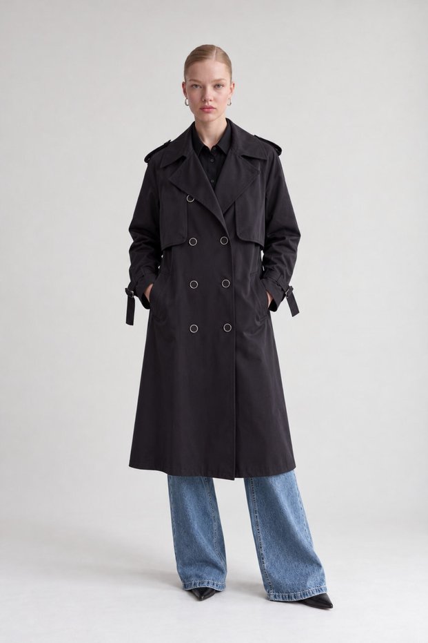 Double-Breasted Plaid Lined Trench Coat Black