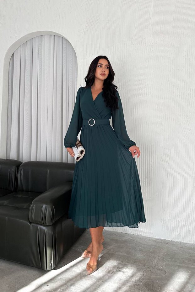 Women's Emerald Green Pleated Strap Chiffon Dress Nbk3028