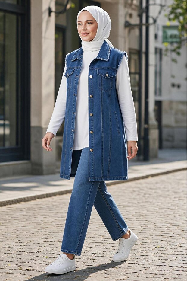 Women's Long Slim Denim Vest with Collar, Buttoned at the Back, with Pockets and Tassel Details.