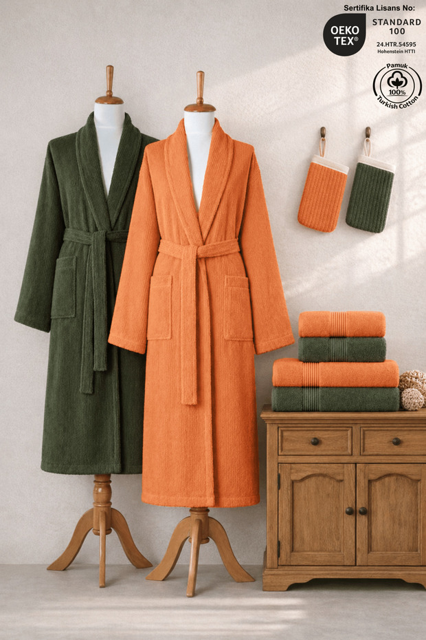Eldy 8 Piece Striped Bathrobe Family Set 100% Cotton Certified Bath Set Dowry Set Orange Green