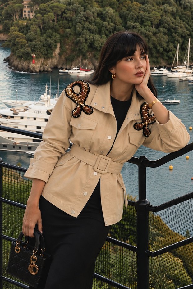 Cream Jean Jacket with 3 Colors Embroidered Shoulders