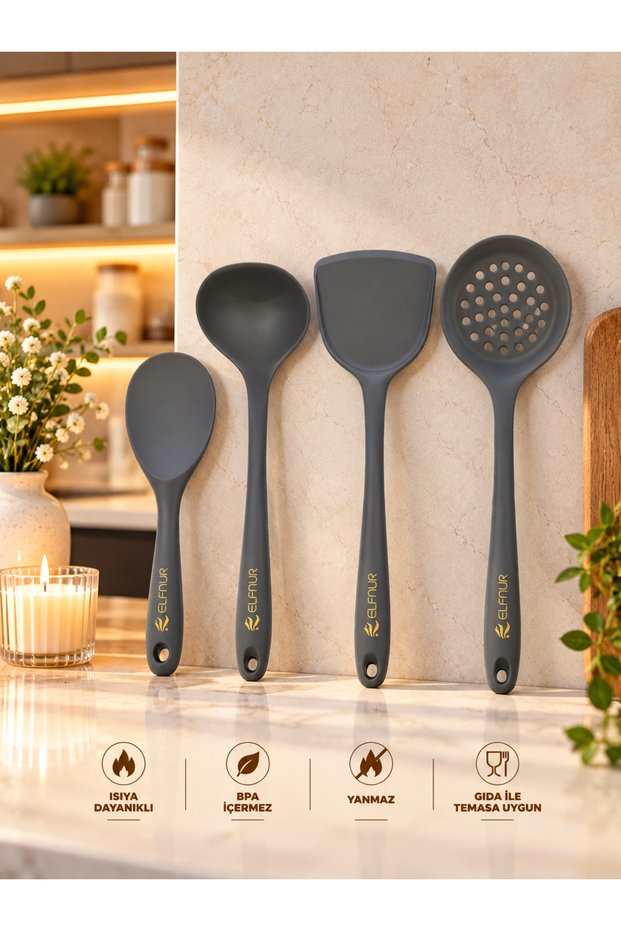 Hard Tip Heat Resistant Silicone Colander Spatula Ladle Spoon Set 4Pcs Black