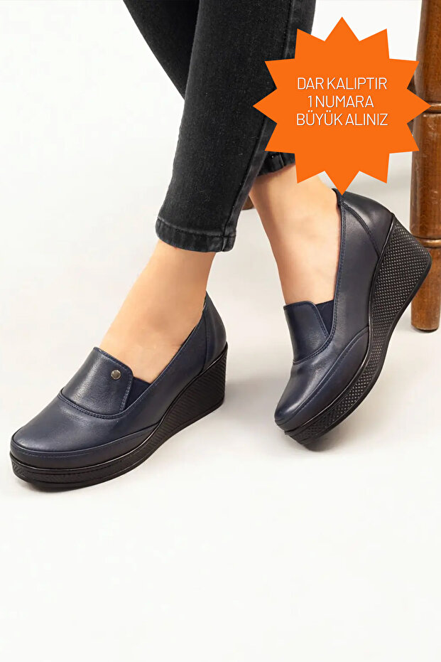 Women's Navy Blue Genuine Leather Orthopedic Shoes