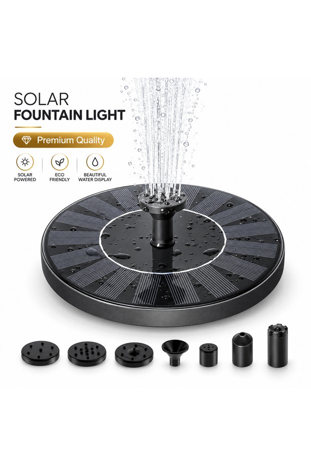 Solar Water Fountain Pump AS01A, 1W Mono Solar Panel, 6 Interchangeable Nozzles, Water Spray Pump with Pipe & Fixing Rods, Outdoor Bird Bath Garden Pond Fountain