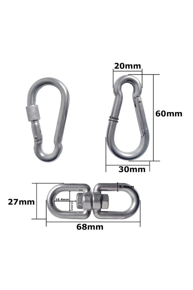 M6 304 Stainless Steel Double Ended Swivel Eye Hook and Safety Carabiner Spring Snap Hook Swivel Sha