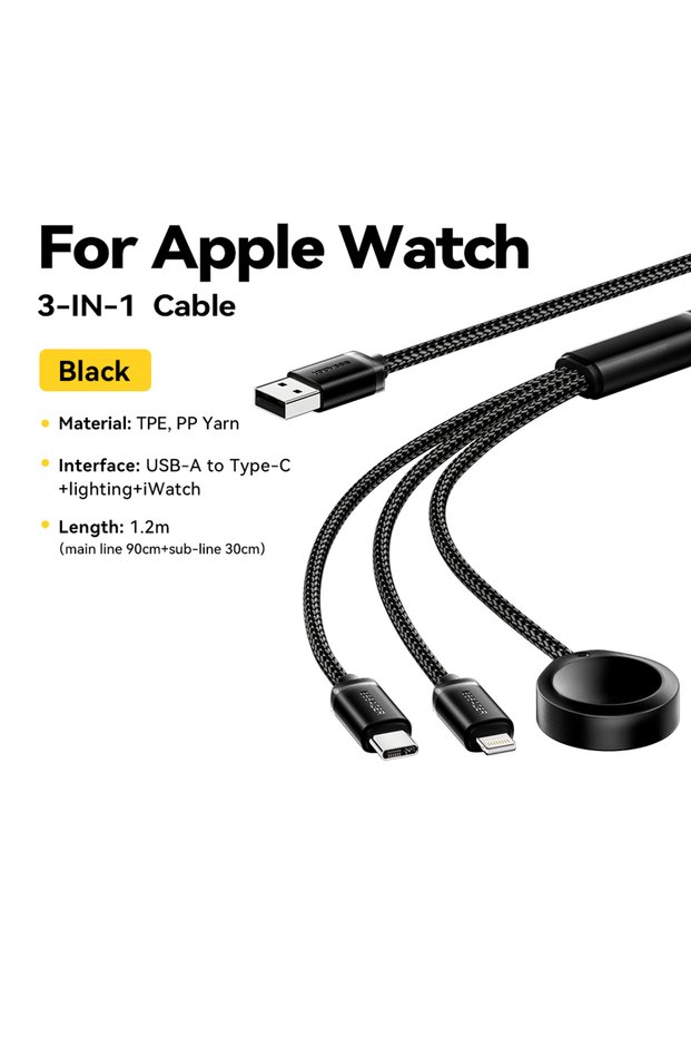1.2m black 3 in 1 Multi USB A Charging Cable for Apple iWatch iPhone 16/15/14/13 Pro