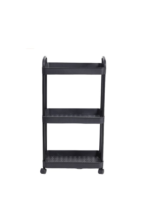 3 Tiers Black Plastic Rolling Utility Cart with Handle Storage Trolley for Office, Living Room, Kitc