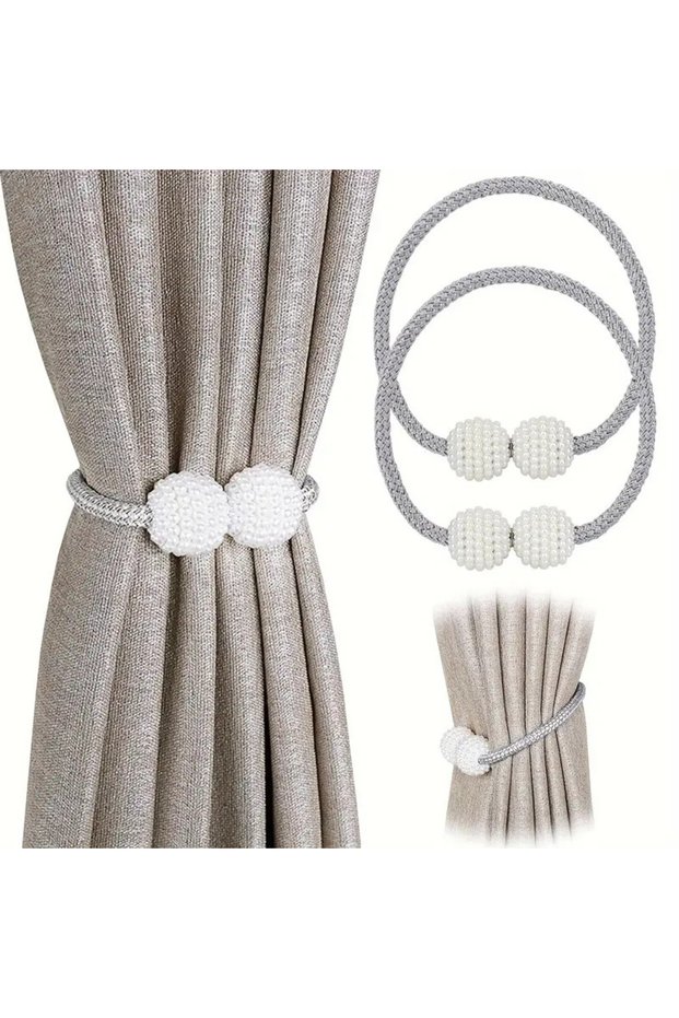 Grey 2pcs Pearl Magnetic Curtain Clips, Curtain Fixer, Adjustable Locking Ties, Magnetic No Punch, C