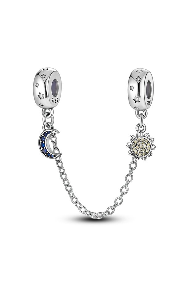 W-KJC405 S925 Silver Plated Star Moon Safety Chain Charms Beads Fit Original Bracelet Fine DIY Birth
