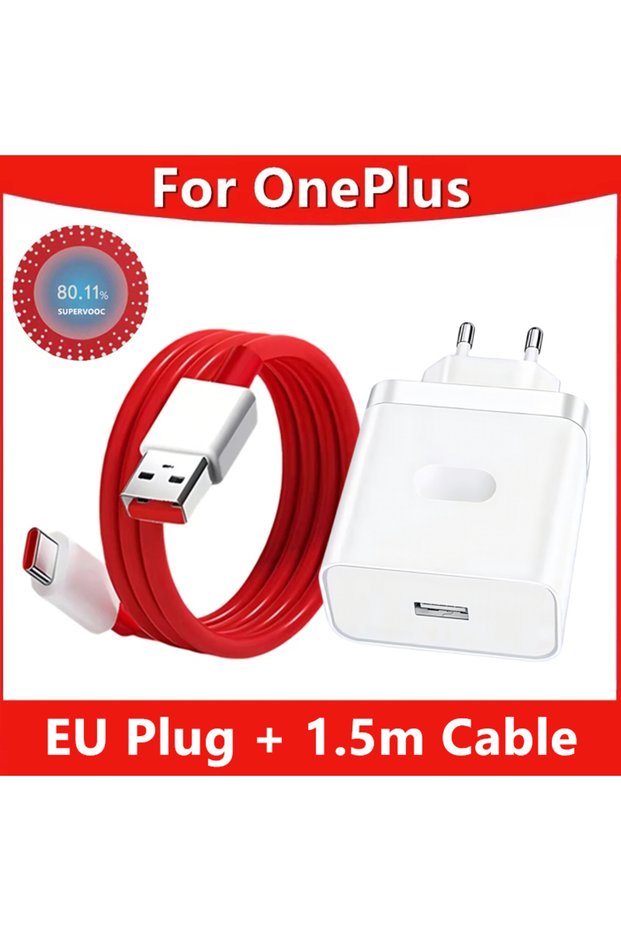 EU Plug - 1.5m Cable 80W SuperVOOC Fast USB Charger For OnePlus 9 10 Pro 11 12 13 Nord CE 3 4 Lite 5