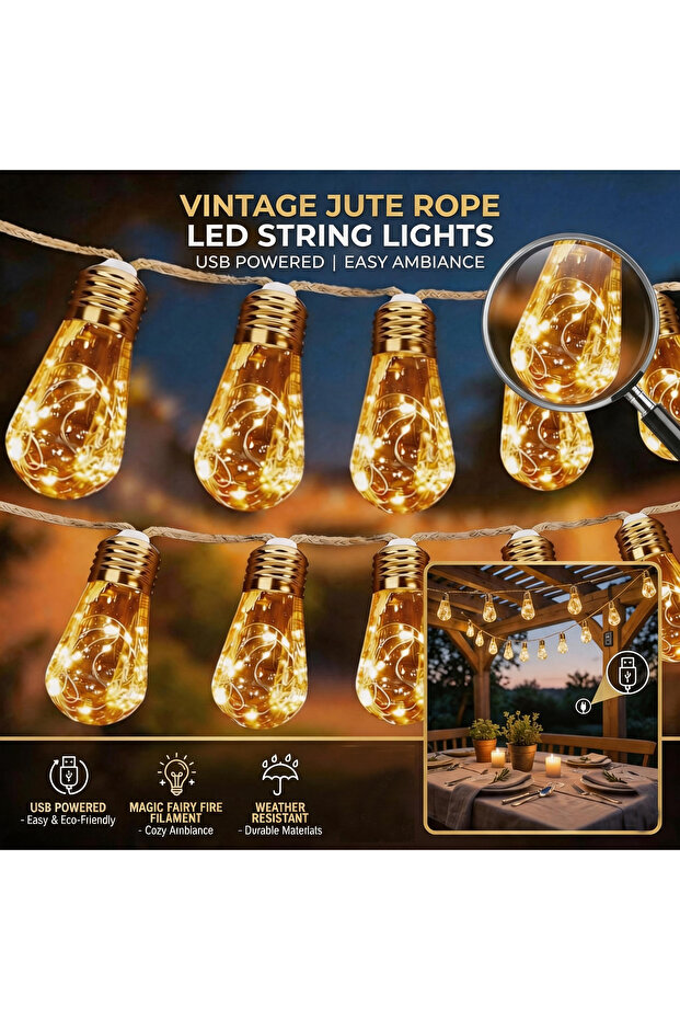 (10M) 24 bulbs Warm White Solar Outdoor Fairy Light Bulb String Light, Retro Hemp Rope Hanging Court