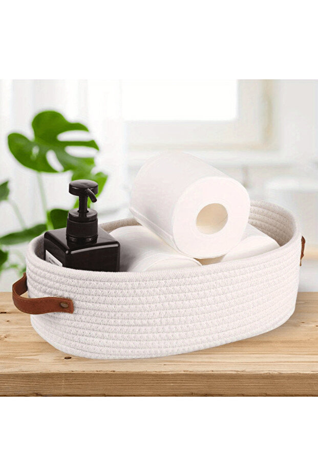 White Oval Woven Bathroom Storage Basket, Multifunctional Desktop Organizer, Toilet Paper Holder, To