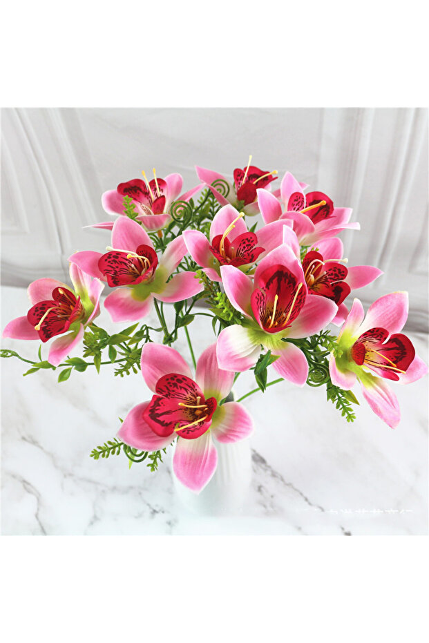 Pink 10Pcs/Bouquet Artificial Orchid Flore White Silk Fake Orchid Flower DIY Wedding Back Road Home