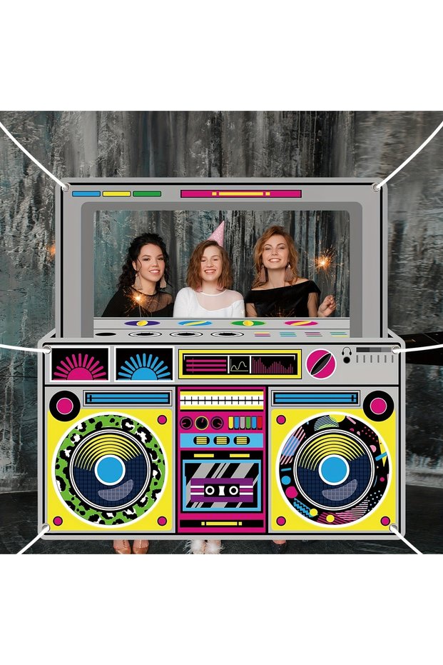 150X150cm MULTI Retro 80s to 90s hip-hop themed party backdrop with vibrant radio design, suitable f