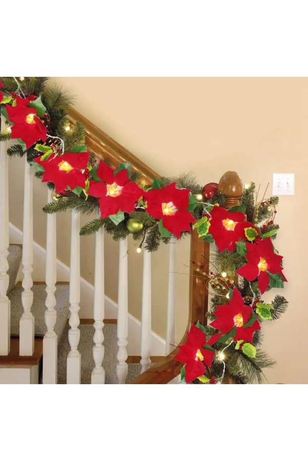 3M20LED Warm White 1pc Red Poinsettia Floral String Lights Durable Plastic Holiday Lights Battery Po