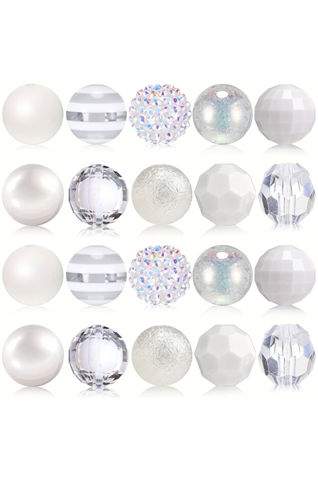 White 20 Pcs Chunky Bubblegum Beads Focal Beads Pen Beads Large Rhinestone Pearl Beads Christmas Bea
