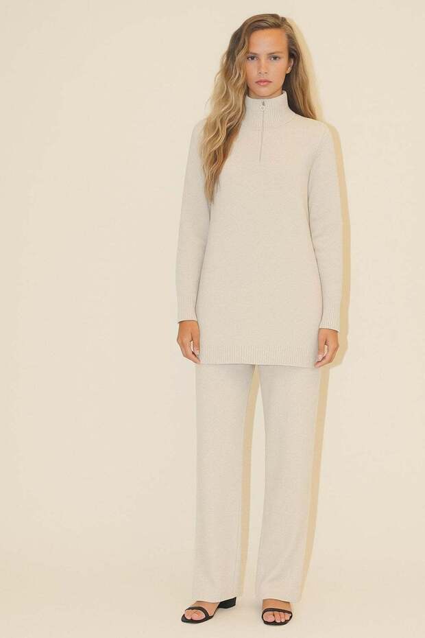Zippered neck tunic and pants double knitwear set
