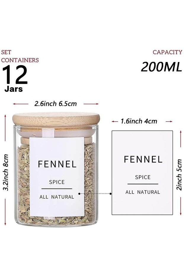 12Pcs Set 12Pcs Glass Spice Jars with Bamboo Airtight Lids 6.5oz Small Food Storage Containers for K