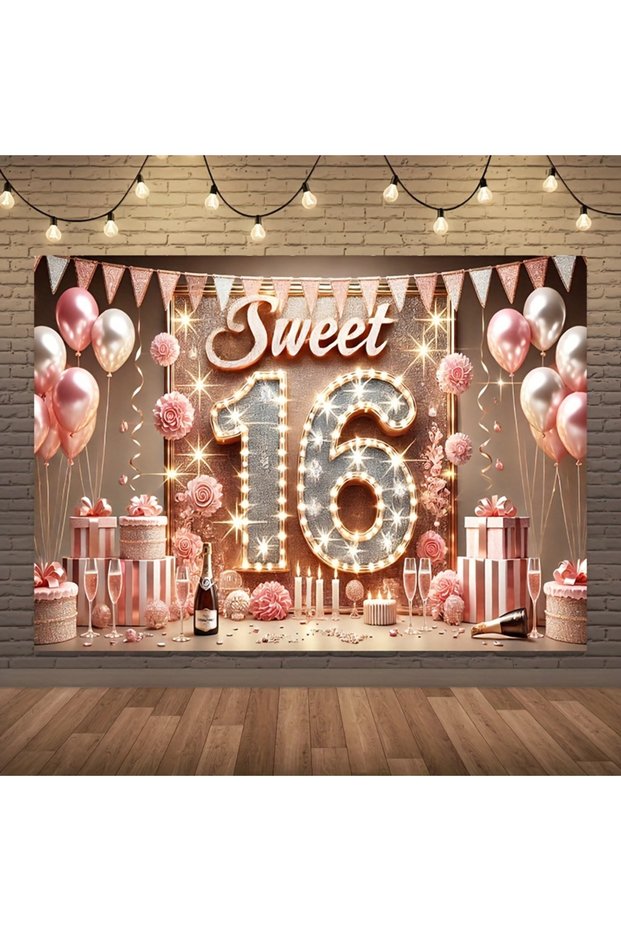 100X150CM Pink Sweet 16 Birthday Party Banner Decoration - Polyester background for 16th birthday ce