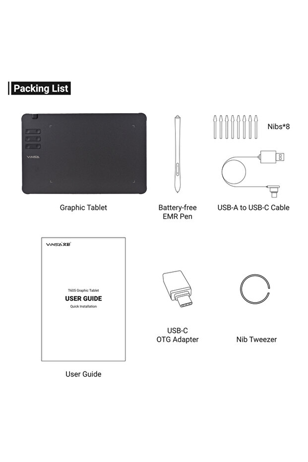 T605 VINSA T1161 Graphics Drawing Tablet Ultra-thin Art Creation Sketch with Battery-free Stylus 8 P