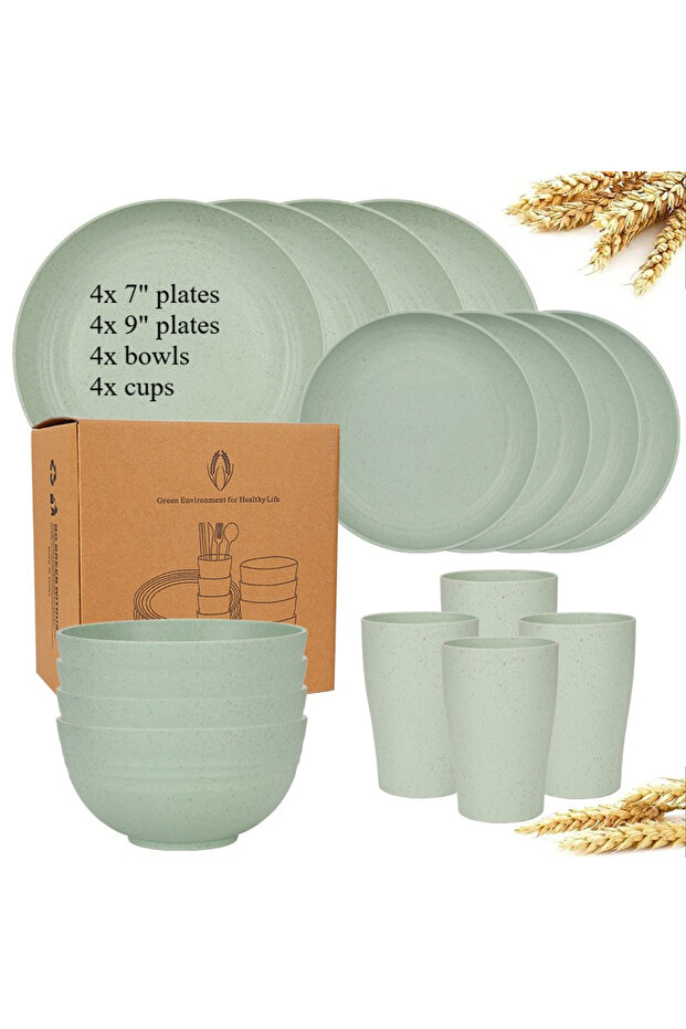 16pcs Light Green Natural Wheat Straw Tableware Set Dinnerware Sets Biodegradable Unbreakable Plates
