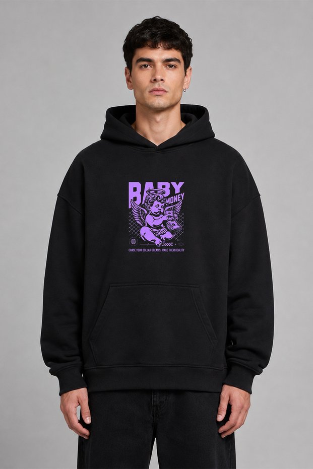Baby Mony Design Pre-Printed Oversize Black Hooded Sweatshirt