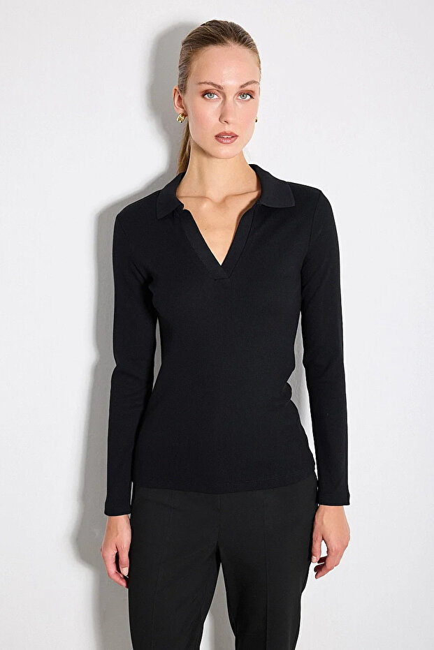 Polo Collar Knitted Cotton Blouse - Black