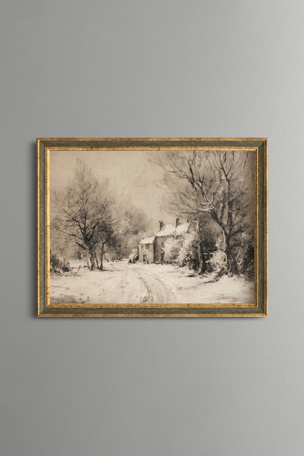 Cottage among Snowy Trees - Vintage Patterned Painting - Fine Model