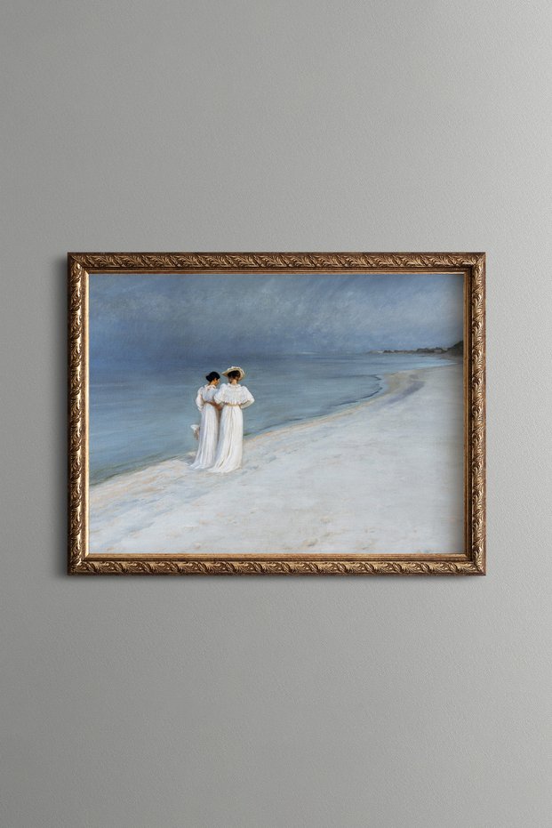 Two Women in White Dresses Walking on the Beach - Vintage Patterned Painting - Slim Model