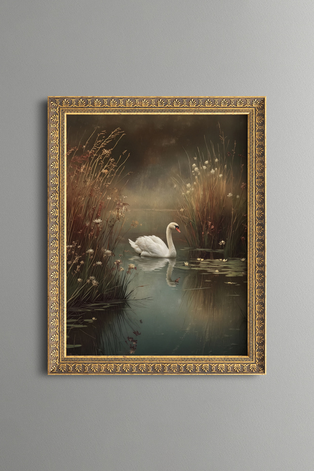White Swan among the Reeds - Vintage Patterned Painting - Fine Model