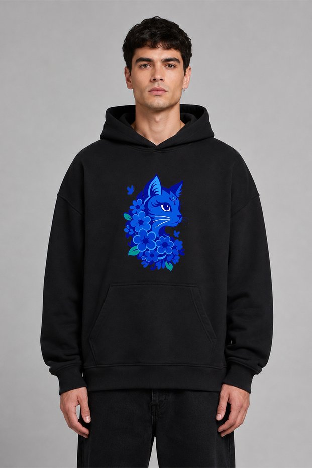 Blue Cat Design Front Printed Oversize Black Hooded Sweatshirt