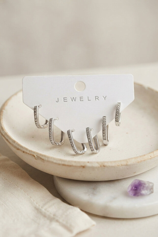 Silver Color Zircon Stone Brass Square Model Hoop Women's Earring Set -