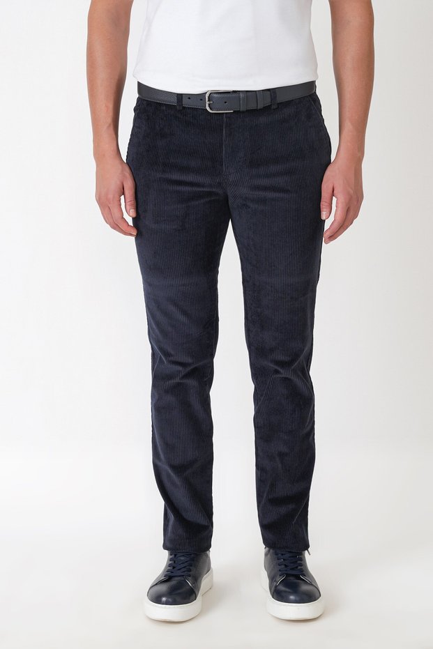 Comfort Fit Side Pocketed Dikine Ribbed Flexible Navy Blue Velvet Trousers P 1235