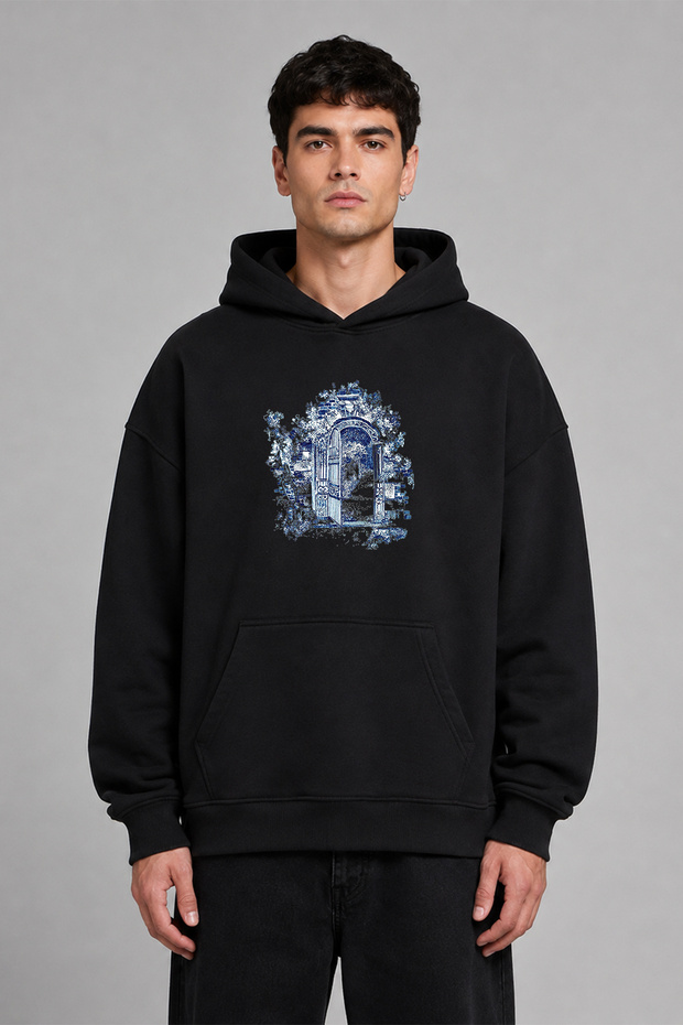 Blue Flowers Design Pre-Printed Oversize Black Hooded Sweatshirt