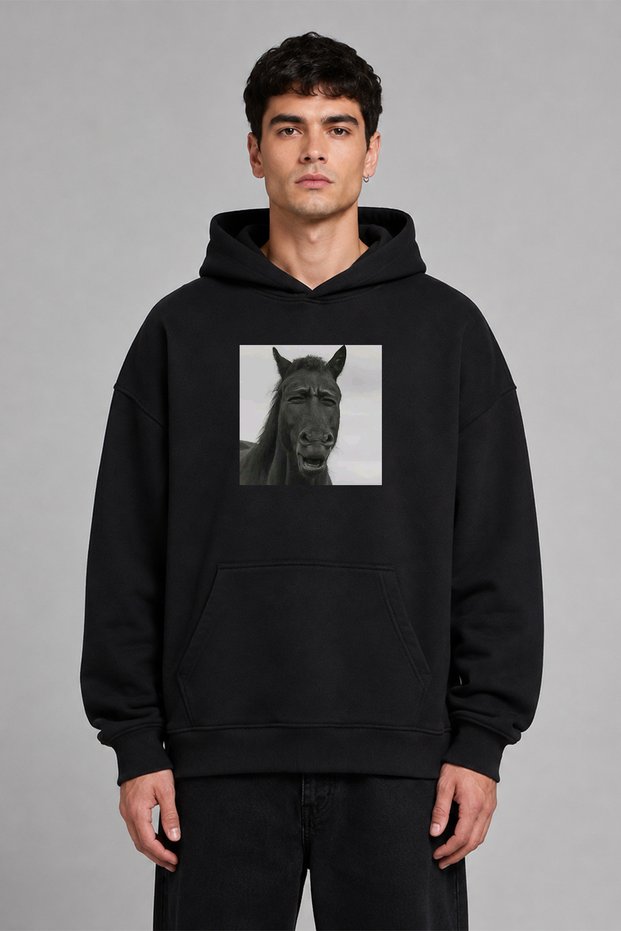 Different Horse Design Front Printed Oversize Black Hooded Sweatshirt