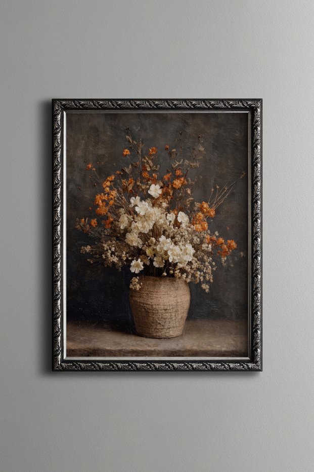 White Flowers and Autumn Branches in Wicker Basket - Vintage Patterned Painting - Fine Model