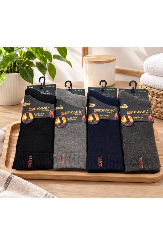 4-Piece Mosaic Bamboo Men's Thick Winter Thermal Socks Seamless Socks No Odor