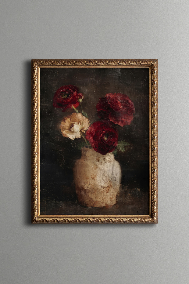 Red and Cream Roses in a Ceramic Vase - Vintage Patterned Painting - Fine Model
