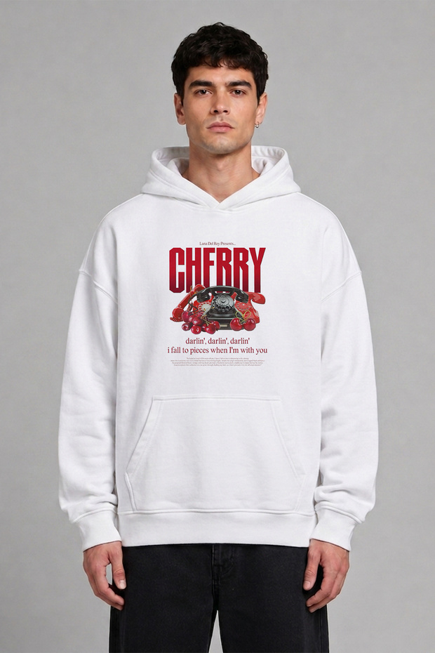 Telephone Cherry Design Pre-Printed Oversize White Hooded Sweatshirt