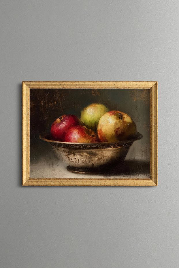 Rustic Basket of Colorful Apples - Vintage Patterned Painting - Fine Model