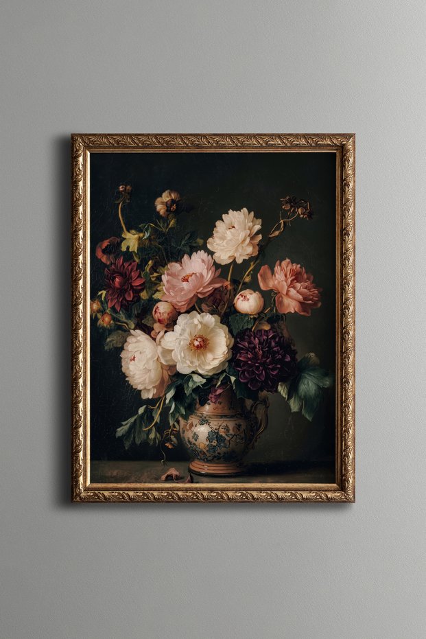 Colorful Flower Bouquet in a Patterned Vase - Vintage Patterned Painting - Fine Model